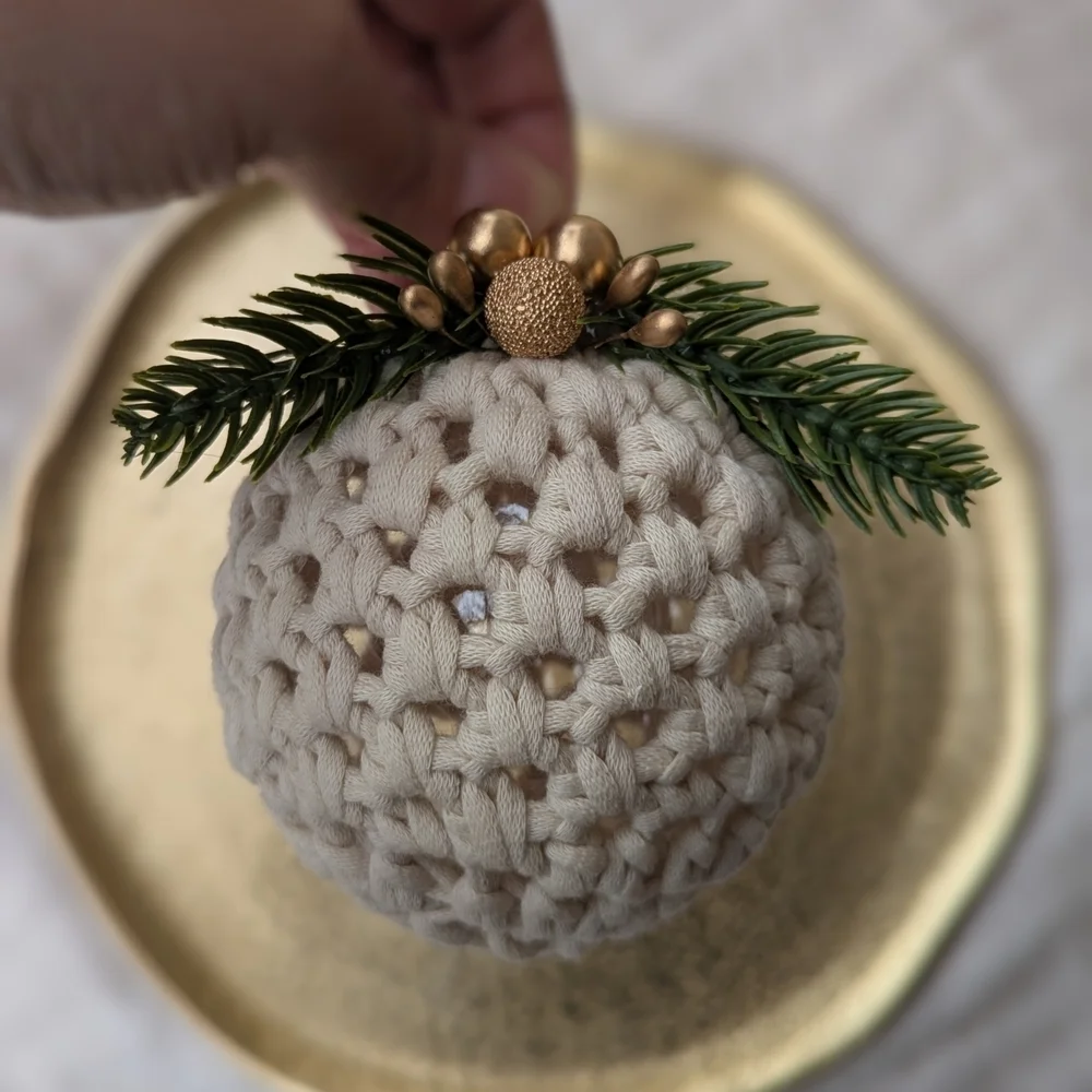 Handcrafted Crochet Ornament Ball Cream with Gold Accents Christmas Tree Gift